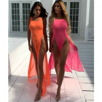Bikini Cover Ups Women Mesh Sheer See Through Sexy Beach Dress Sleeveless Split Maxi Dress Swimsuit Sarong